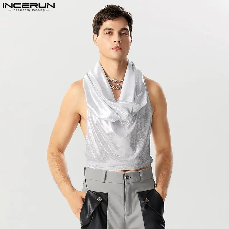 

Fashion Casual Style Tops INCERUN New Men's Sparkling Fabric Pleated Hooded Waistcoat Male Personality Swing Collar Vests S-5XL