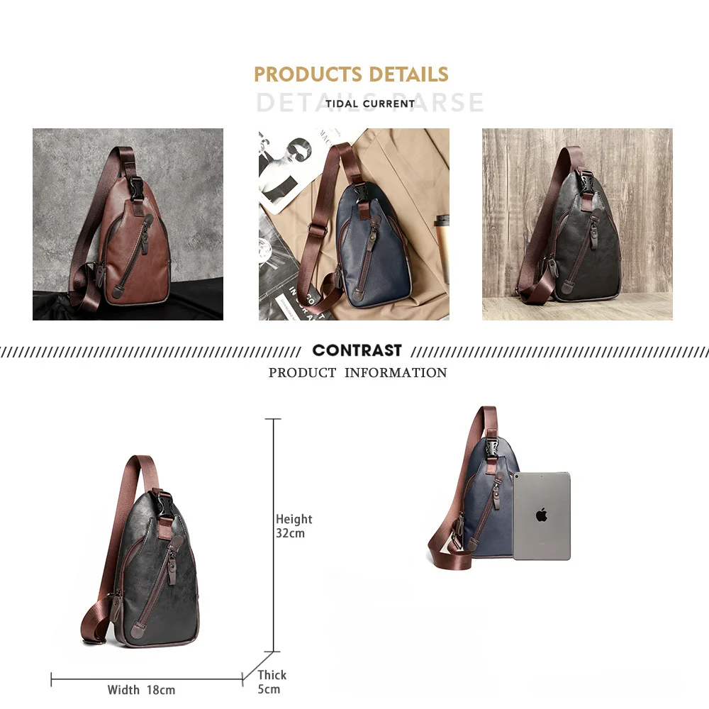Casual Men's Crossbody Chest Bag Multifunctional Leather Cross Body Bag with Adjustable Shoulder Strap Messenger Bag for Sports