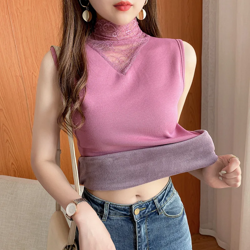 Winter Thermal Underwear for Women Fleece Lined Tops Cami Tank Vest Lace Camisoles Thermal Shirt Inner Wear Thermo Undershirt