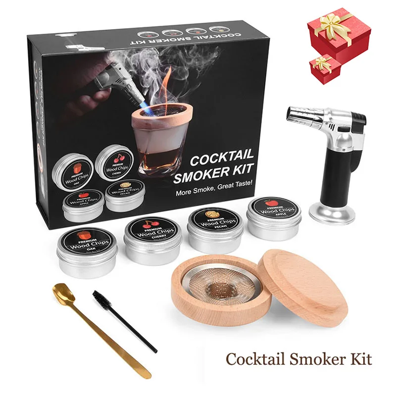 

Cocktail Smoker Kit, Whiskey Smoked Wood Hood Smoking Set with 4 Wood Chips, Wine Drinks Sawdust Cocktail Accessories for Gift