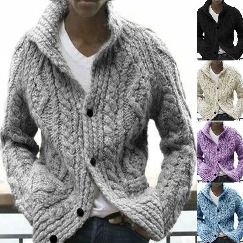 2022 Europe And America Sweater Men Cardigan Solid Color Lapel Long Sleeve Knitted Coat Thick Sueter HC012