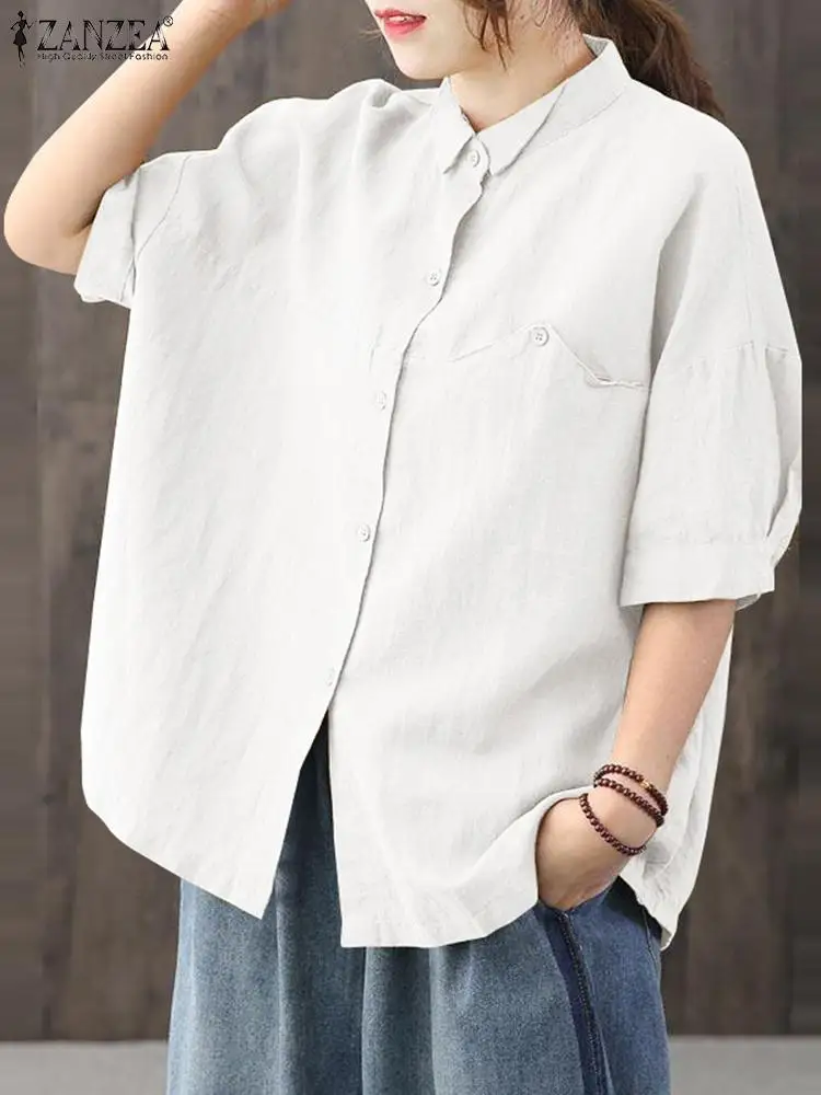 

Блузка ZANZEA Женская хлопковая в стиле оверсайз, повседневная элегантная рубашка с отложным воротником, полурукавом, на пуговицах, Элегантная туника, на лето