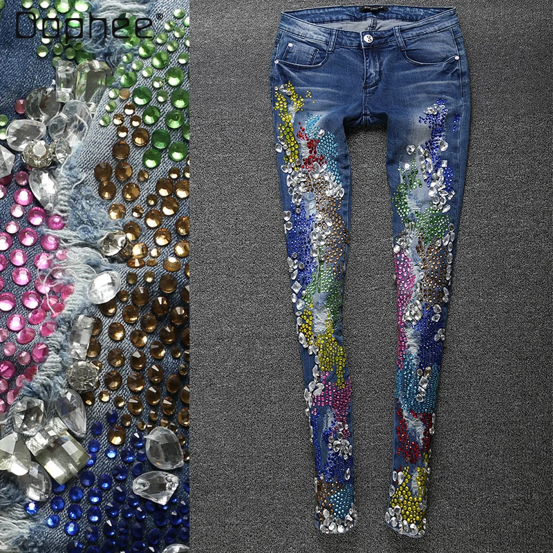 

2022 Spring New Rhinestones Women's Jeans with Bright Crystal Beads Diamond Slimming Skinny Pencil Denim Pants Woman High Waist