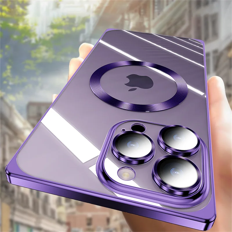 

Square Plating Luxury Clear Magnetic For Magsafe Case For iPhone 14 13 12 Pro Plus Max Wireless Charging Lens Film Bumper Cover