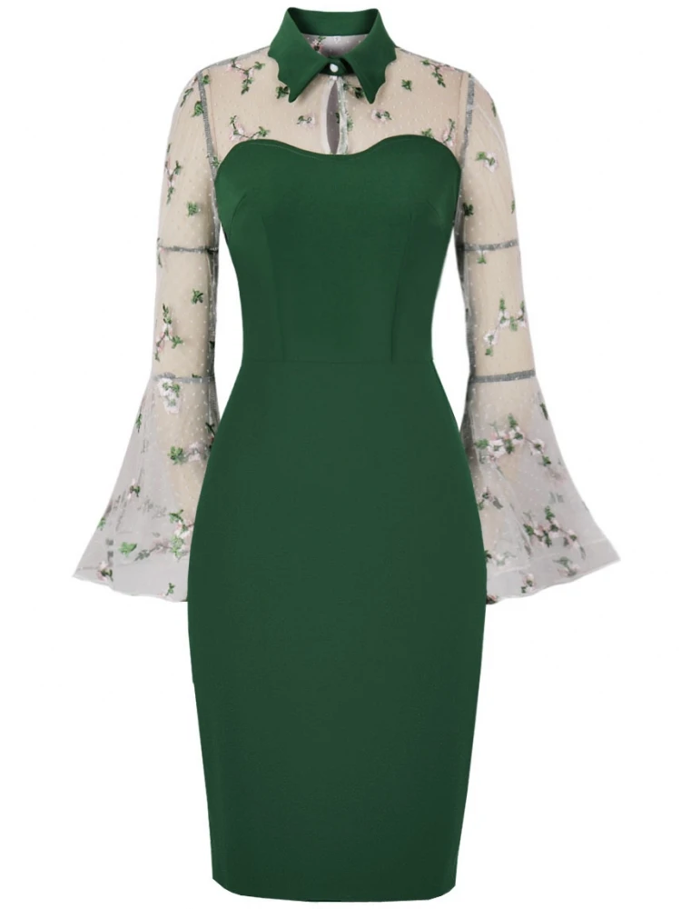 

Женское винтажное Сетчатое платье-карандаш, облегающее платье с расклешенным рукавом и высокой талией, пуловер с вышивкой и отложным воротником, весна-осень