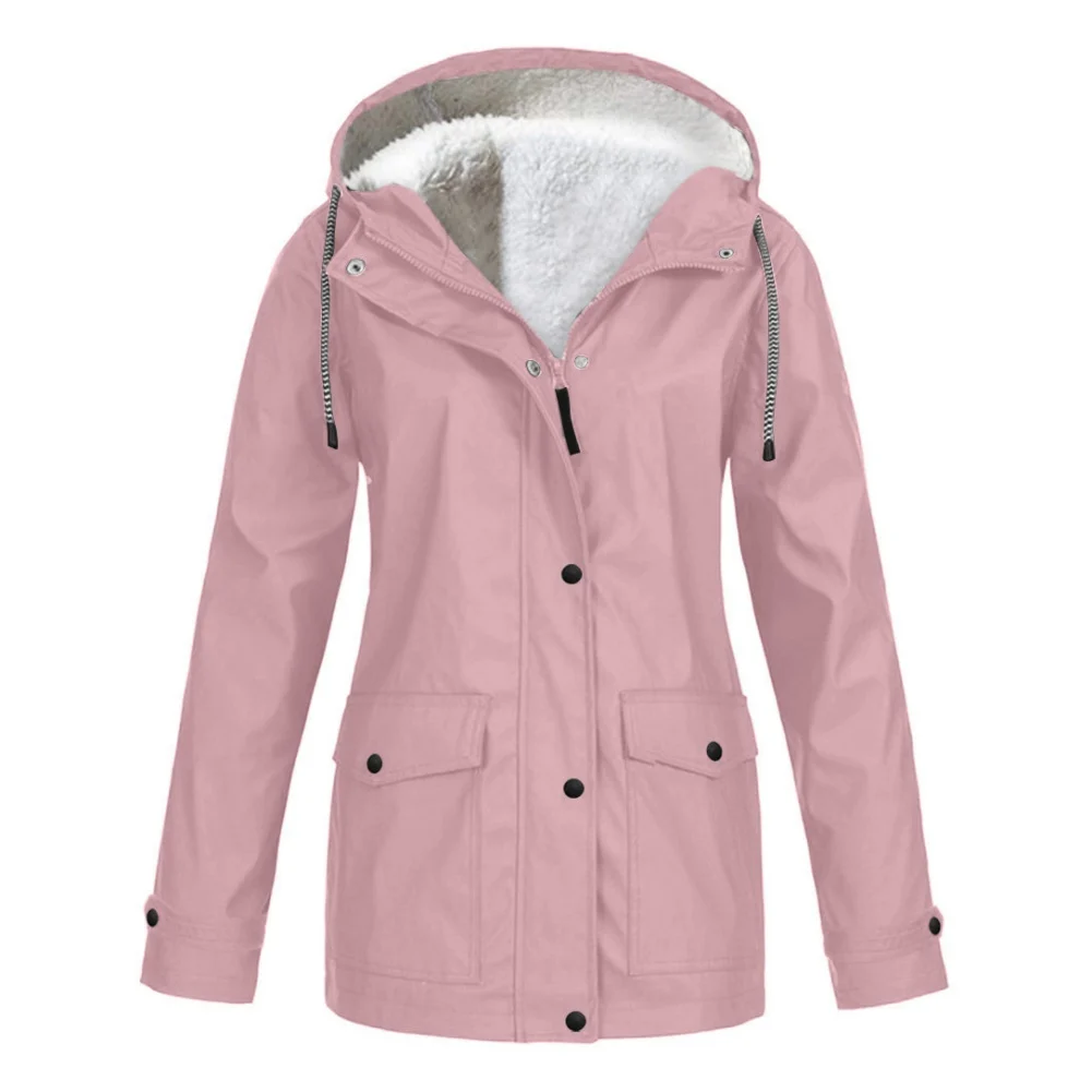 

2023 Autumn Winter Women's Plus Velvet Outdoor Jacket Windproof Waterproof Mountaineering Hooded Coat Solid Pink Casual Coats