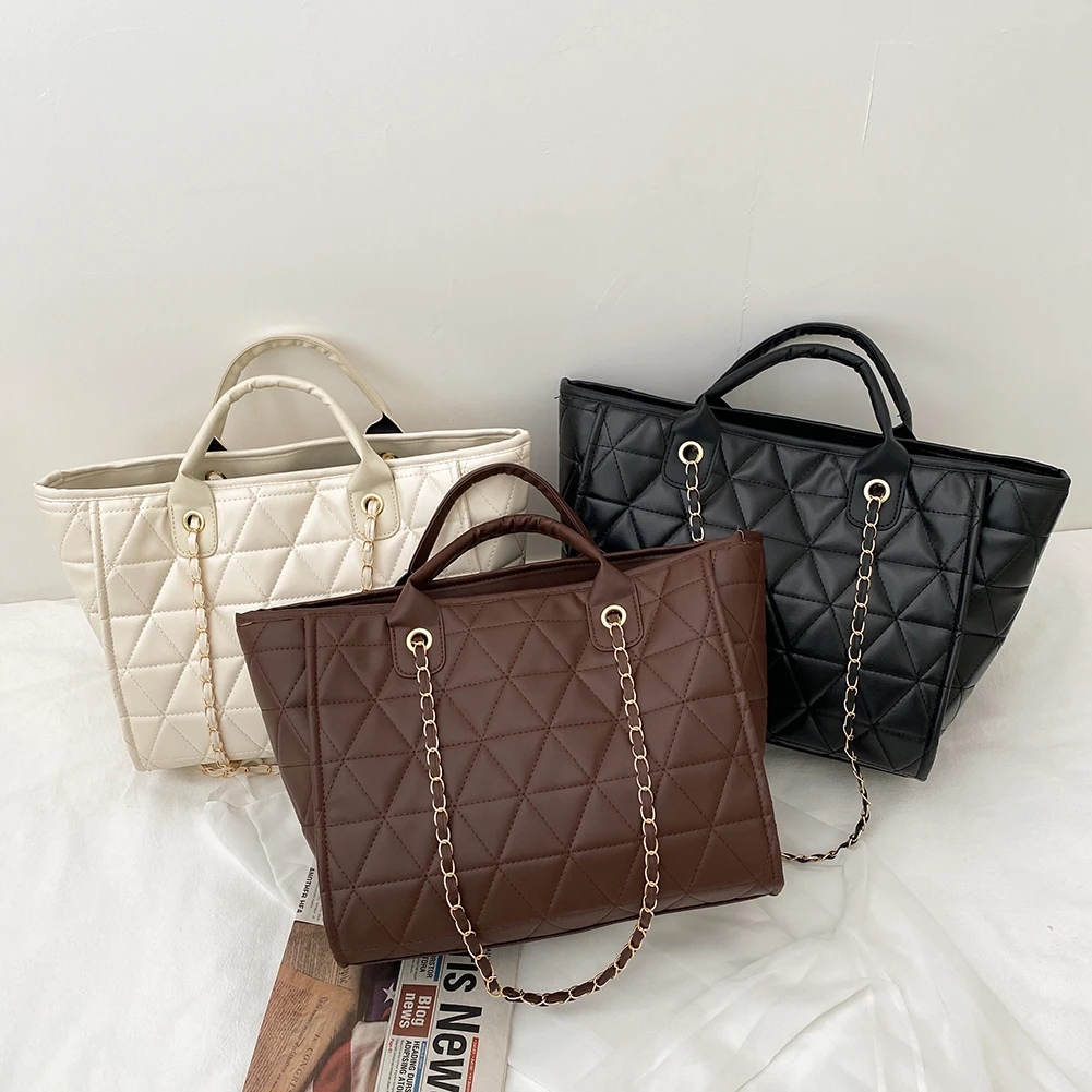 

Winter New Tote Bag for Women PU Leather Diamond Lattice Shoulder Bag Large Capacity Top-handle Bag Chains Design Handbag