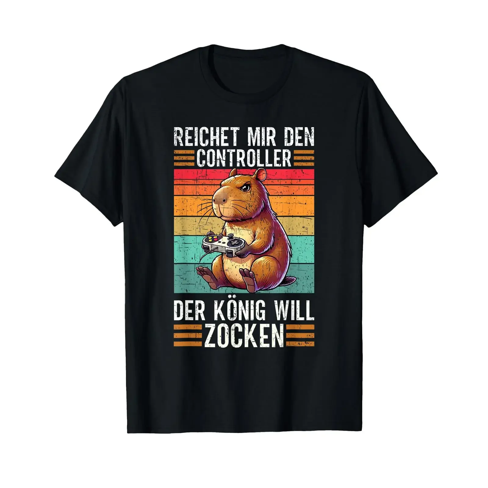 Фото Футболка с капибарой и немецким текстом «Reichet Mir Den Controller Der König Will Zocken», черная, S, винтажная, с эффектом потертости, стильная №1