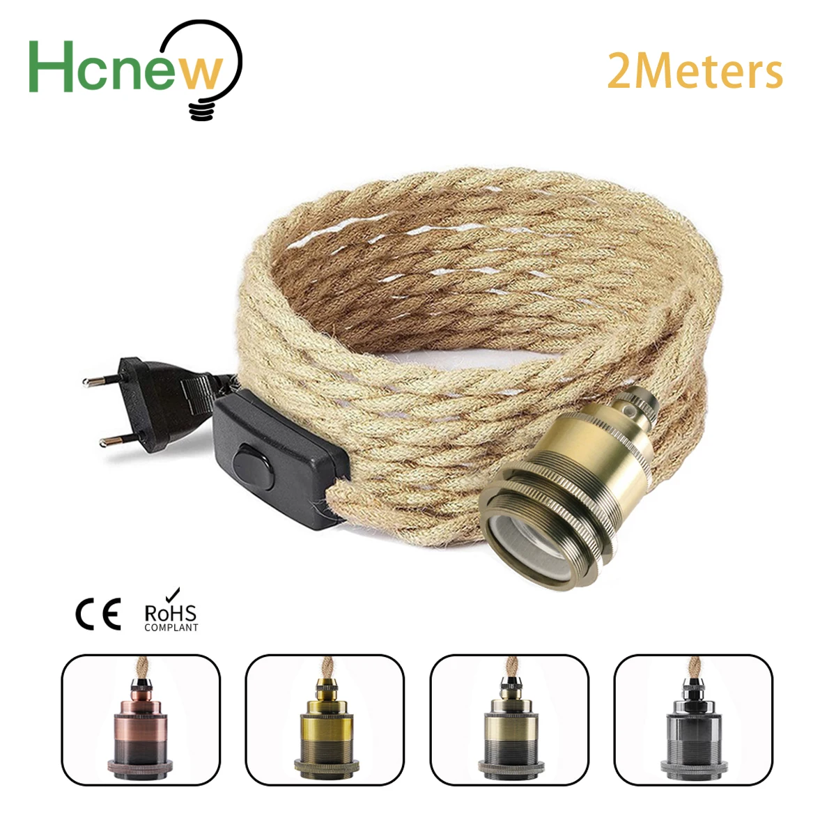 Pendant Light Retro Wiring E27 Base 2 Meters Vintage Hemp Rope Creative Loft Country Style Electric Cable LED Ceiling Hang Lamp