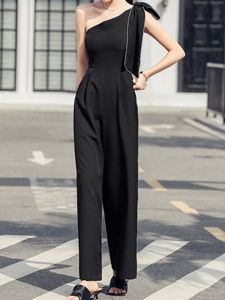 

Temperament and elegant jumpsuit 2022 summer rhinestone bow slanted shoulder waist slimmer jumpsuit fashion women's clothing