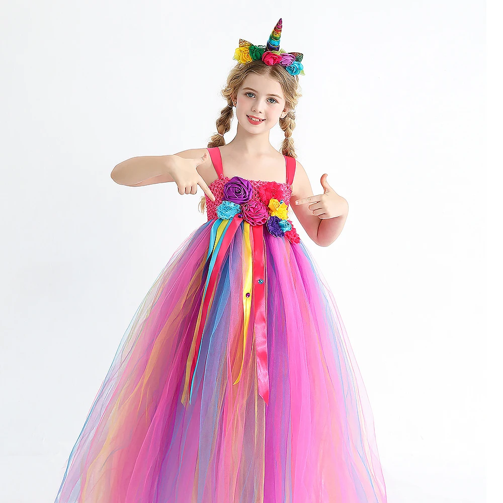 

Flower Girls Unicorn Tutu Dress Princess Girl Wedding Dresses for Bridesmaid Long Dress Kids Baby Birthday Dress Up Tulle Dress