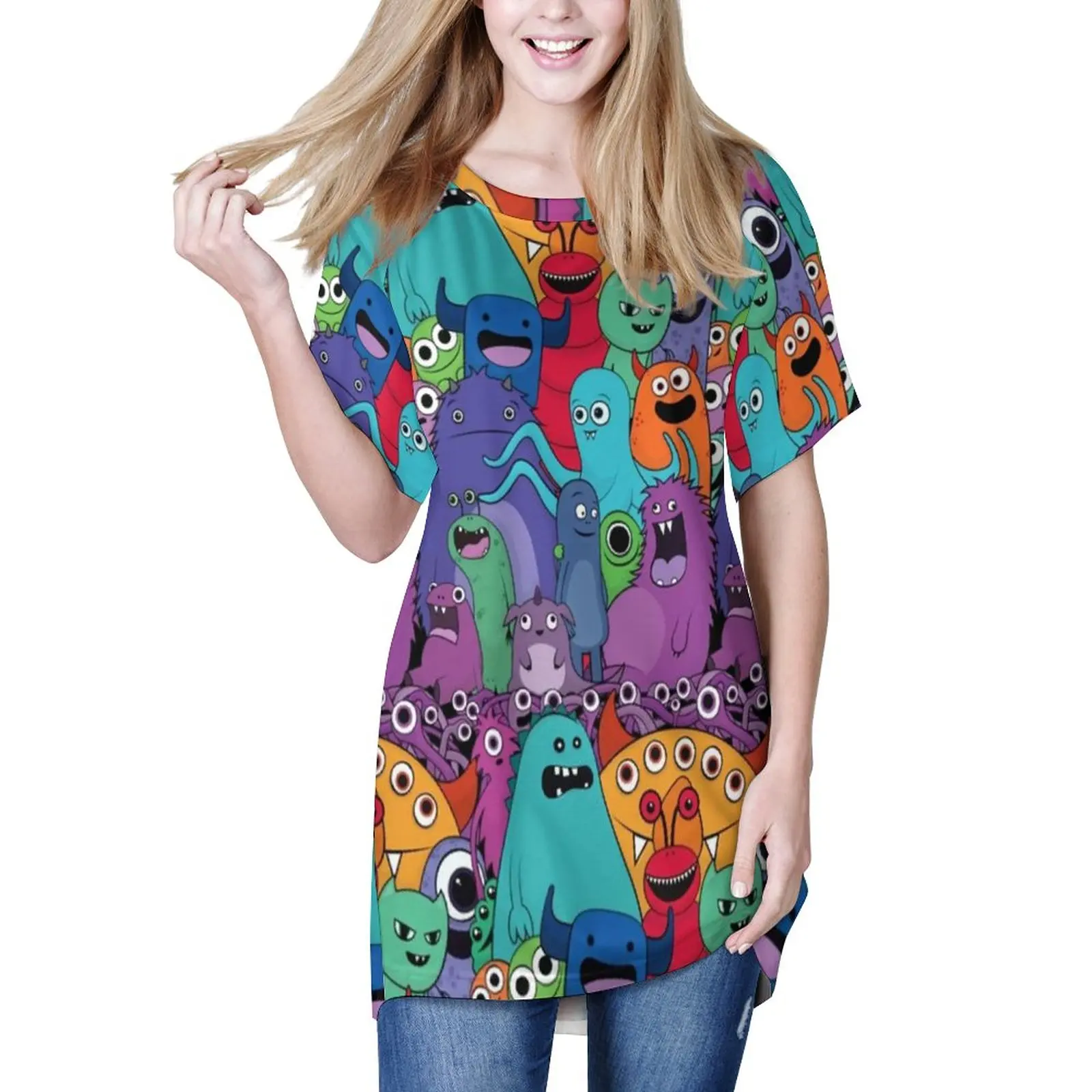 

Футболка На Хэллоуин со страшным принтом, милая Повседневная Свободная рубашка с коротким рукавом, с принтом монстров, топы с графическим п...