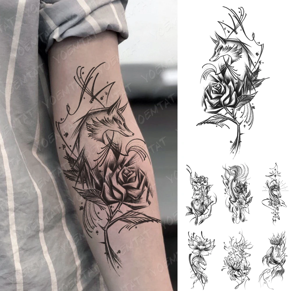 

Водостойкая Временная тату-наклейка, черная эскизная линия, лиса, роза, цветок, тату, фестиваль, боди-арт, Переводные Временные татуировки на руку для мужчин и женщин