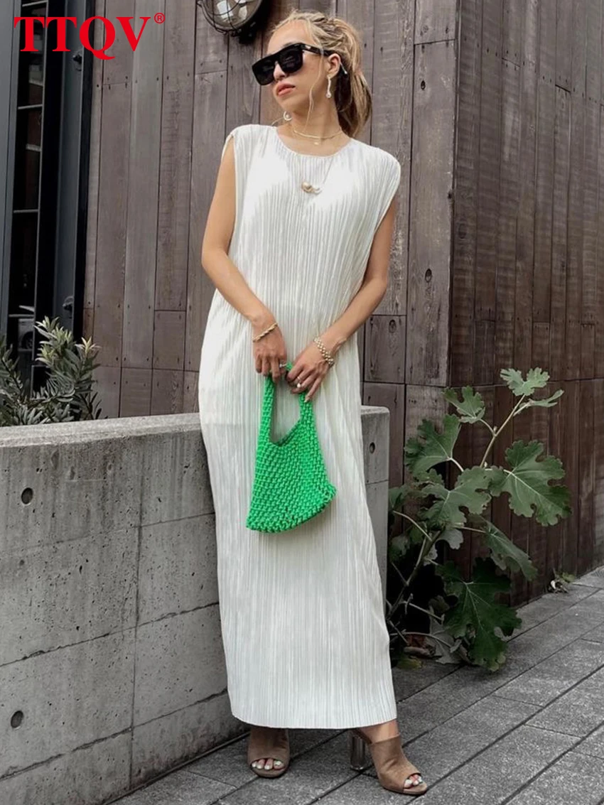

TTQV Fashion White Pleated Dresses For Women 2023 Elegant O-Neck Sleeveless Dress Casual Straight Ankle-Length Dress Streetwear
