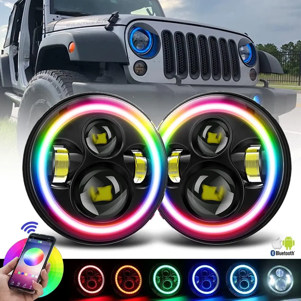 

7-дюймовая светодиодная фара RGB, разноцветные ангельские глазки, дневные ходовые огни, кольцо с ореолом для Jeep Wrangler JK TL LJ, неограниченный 150 Вт, Прямая поставка