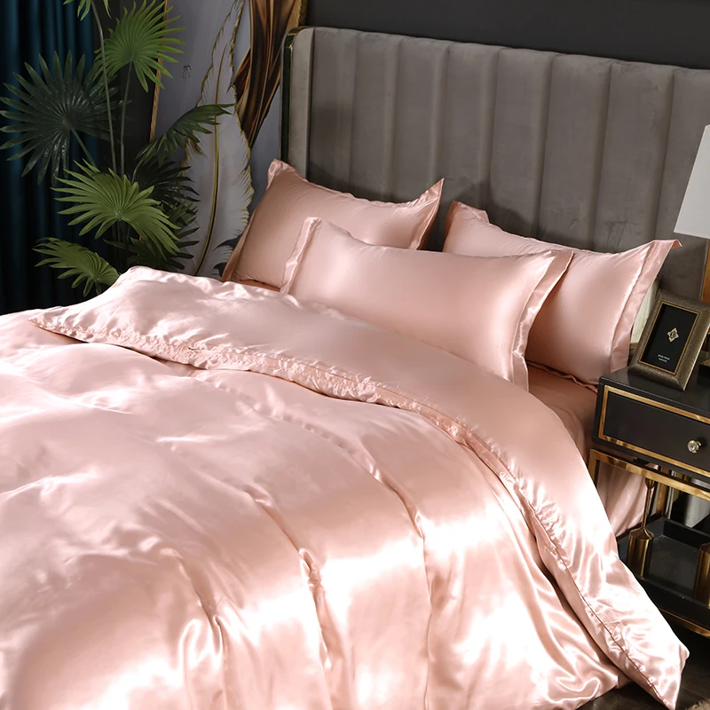 

Silk Bedding Set with Duvet Cover Bed Sheet Pillowcase Bedding 100% Pure Silk Satin Sheet Solid Color King Queen Full Twin Size