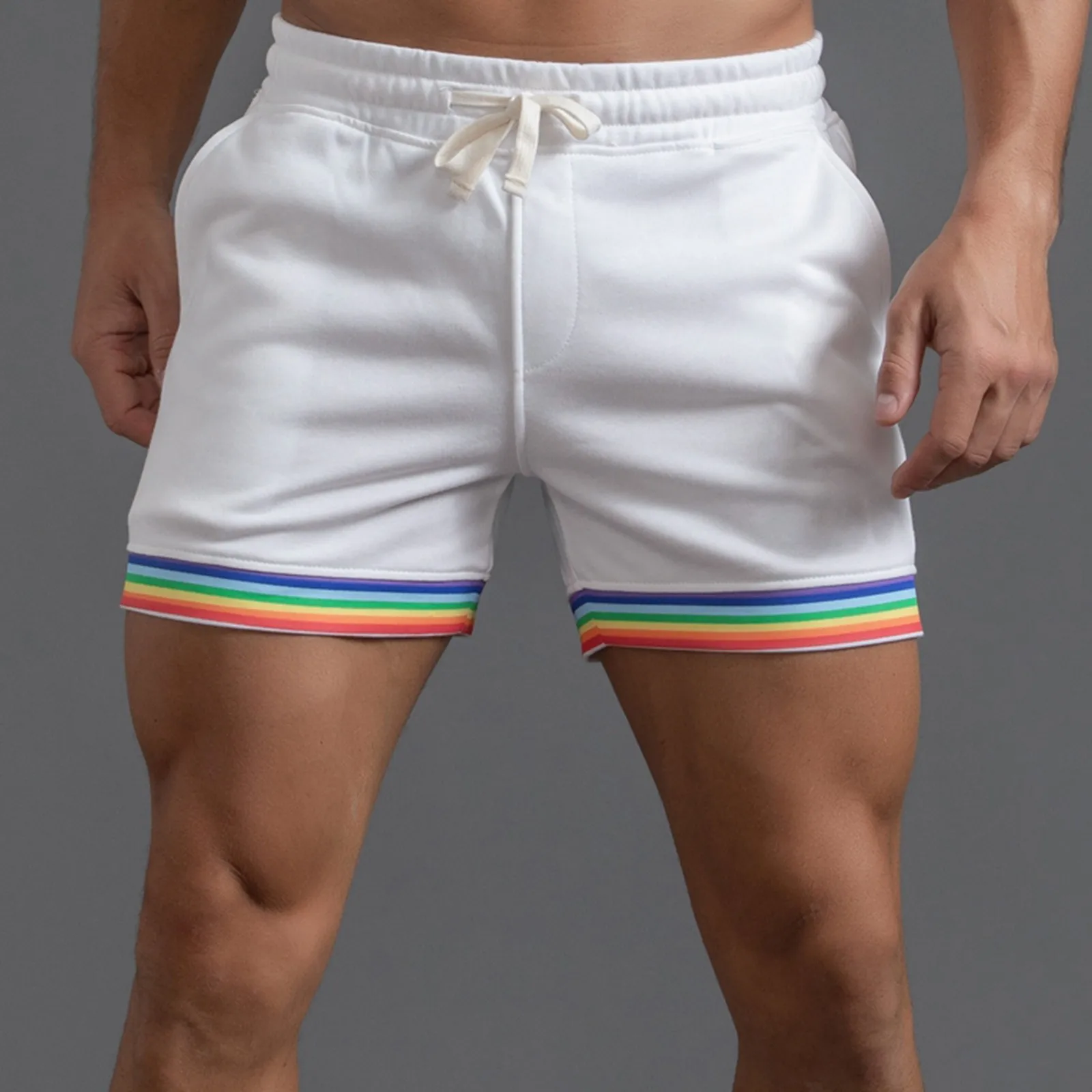 

Mens Shorts Summer 2022 Rainbow Striped Pants Pocket Drawstring Loose Casual Sports Running Straight Shorts Holiday Beach Pants