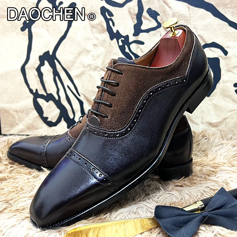 LUXURY MEN OXFORD SHOES BLACK COFFEE LACE UP CAP TOE REAL LEATHER MIXED SUEDE ELEGANT MEN FORMAL SHOES WEDDING OFFICE MAN SHOE