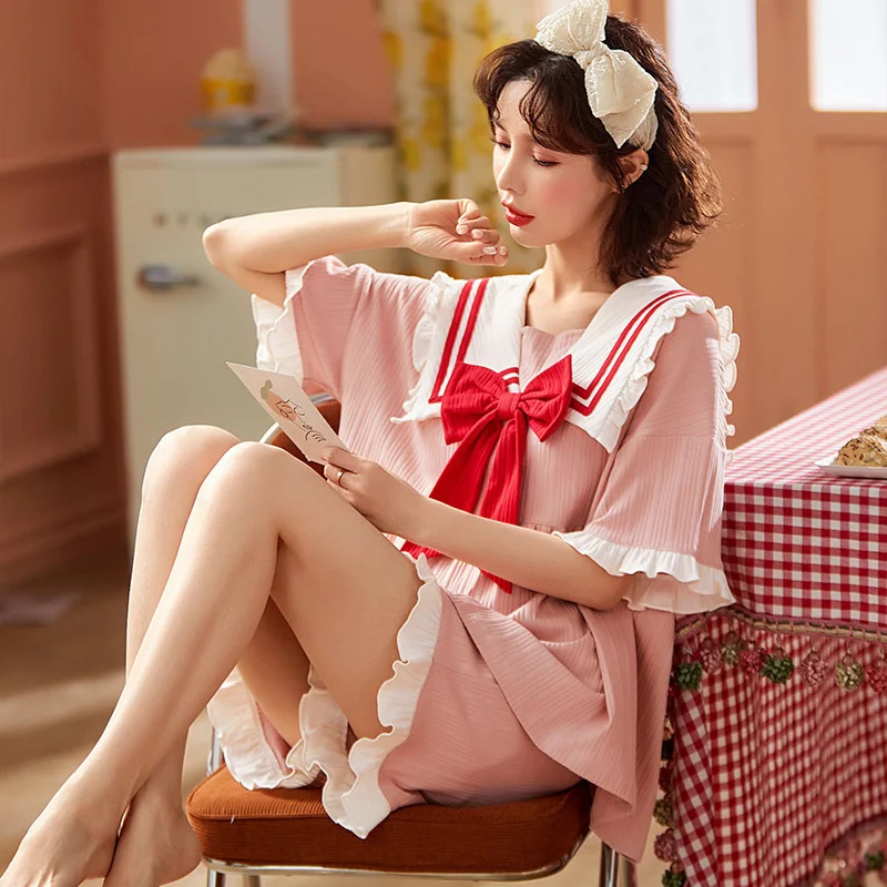 nightgown female summer short sleeve short cotton sweet  lovely women student large spring  autumn home clothes