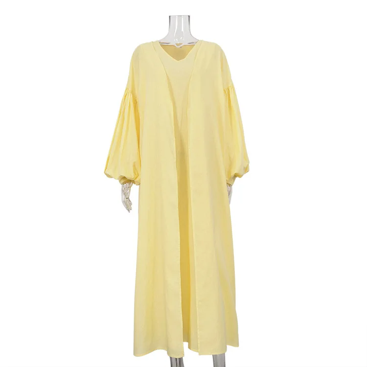 Халат женский однотонный из хлопка и льна свободный комплект 2 предметов ночная