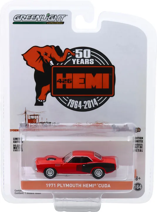 

GreenLight 1/64 Scale Car Toys 1971 Plymouth HEMI CUDA 50 Years Diecast Metal Vehicle Model Toy For Boys Kids Gift Collection