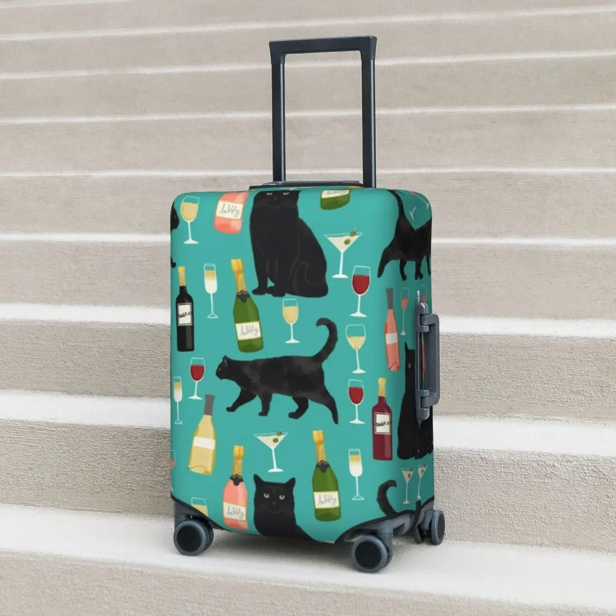 

Colorful Wine Print Suitcase Cover Holiday Funny Black Cat Elastic Luggage Case Travel Protector
