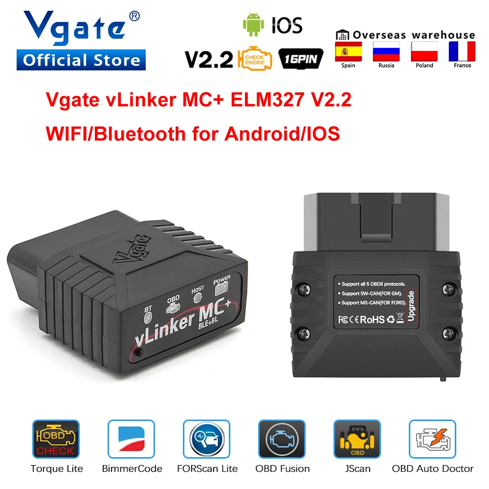 Vgate vLinker MC+ ELM 327 V2.2 Bluetooth-Compatible Car Scanner OBD2 wifi Auto Diagnostic Tool ELM327 OBD 2 ODB2 Bimmercode