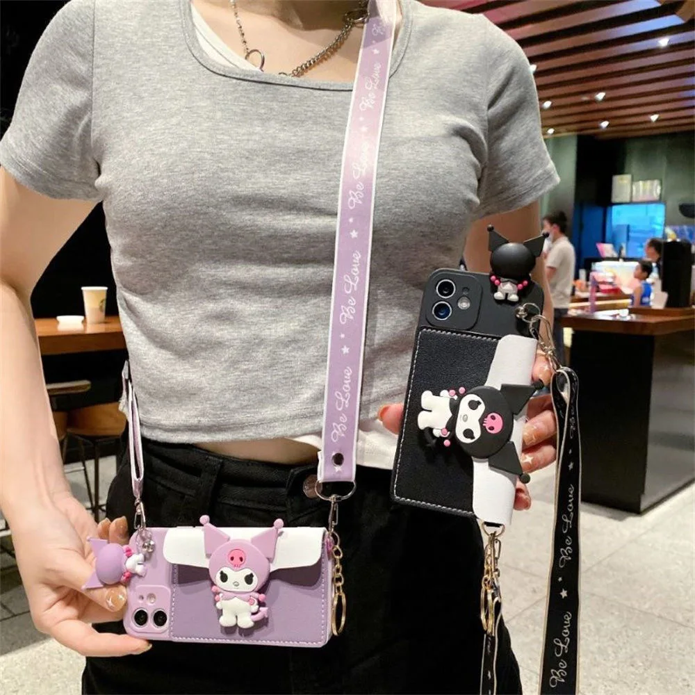 

Sanrio Kuromi Cartoon Mobile Case With Wallet Lanyard For IPhone 13 12 11 Pro Max Mini XR XS MAX 8 X 7 SE Cute Cell Phone Shel