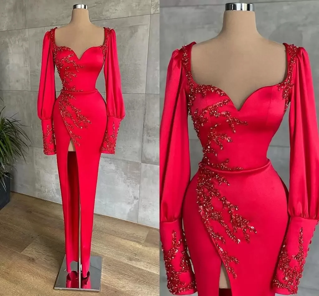 

Red Sexy Prom Dress Long Sleeves Appliques Sequins Satin Side Slit Evening Gowns Plus Size Vestido De Novia Custom Made