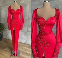 red sexy prom dress long sleeves appliques sequins satin side slit evening gowns plus size vestido de novia custom made