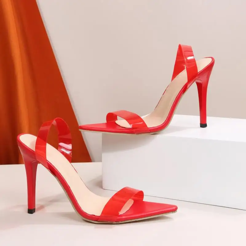 Crystal Rhinestone Chain Roman Sandals Ladies Pointed Toe Metal Heel Stiletto Sandals Summer Party High Heels Shoes Women TGHDOF