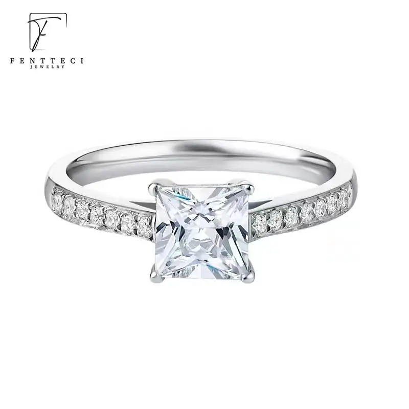 FENTTECI S925 Sterling Silver Gold Plated Moissanite Ring Princess Square Cut Proposal Engagement Wedding Ring for Women Jewelry