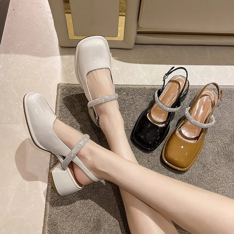 

Large Size Low Sandals Woman Leather Mary Jane High Heels Shoes Closed Toe Suit Female Beige 2023 Summer Big Low-heeled High-hee