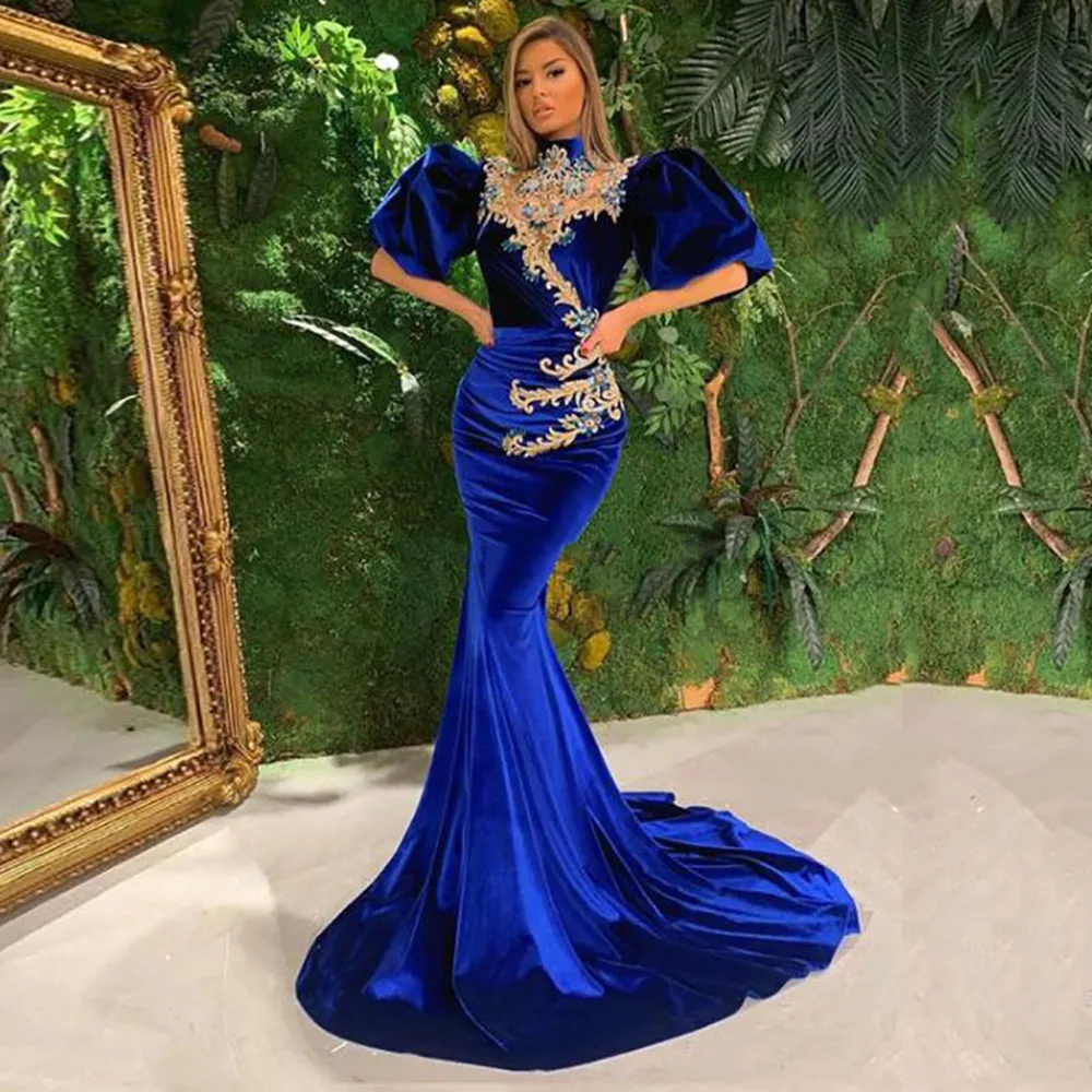 

2022 Arabic Evening Dresses Gold Appliques Beaded Velvet Mermaid Prom Gown Blue Celebrity Party Dress vestido de fiesta largo