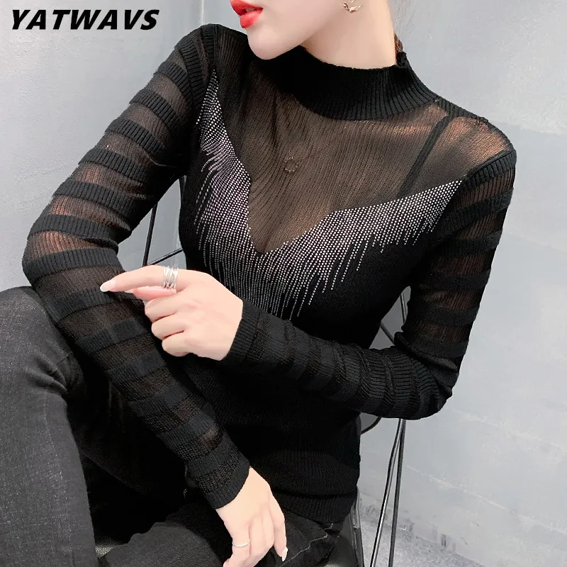 

Chic Turtleneck Sweater Slim Female Sexy Long-Sleeved Perspective Net Yarn Splicing Knitwear Bright Pull Lady Sweaters Pullover