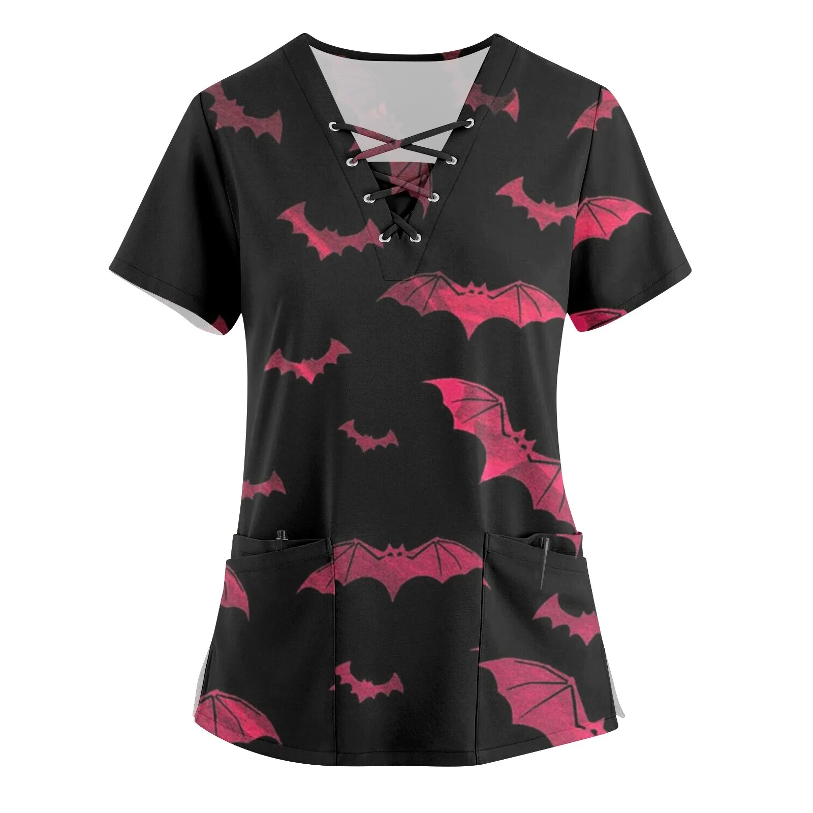

Women'S Hollow Short-Sleeved Halloween Element V-Neck Pocket Nursing Top Casual Soft Nursing Uniform Uniforme Clinico Mujer