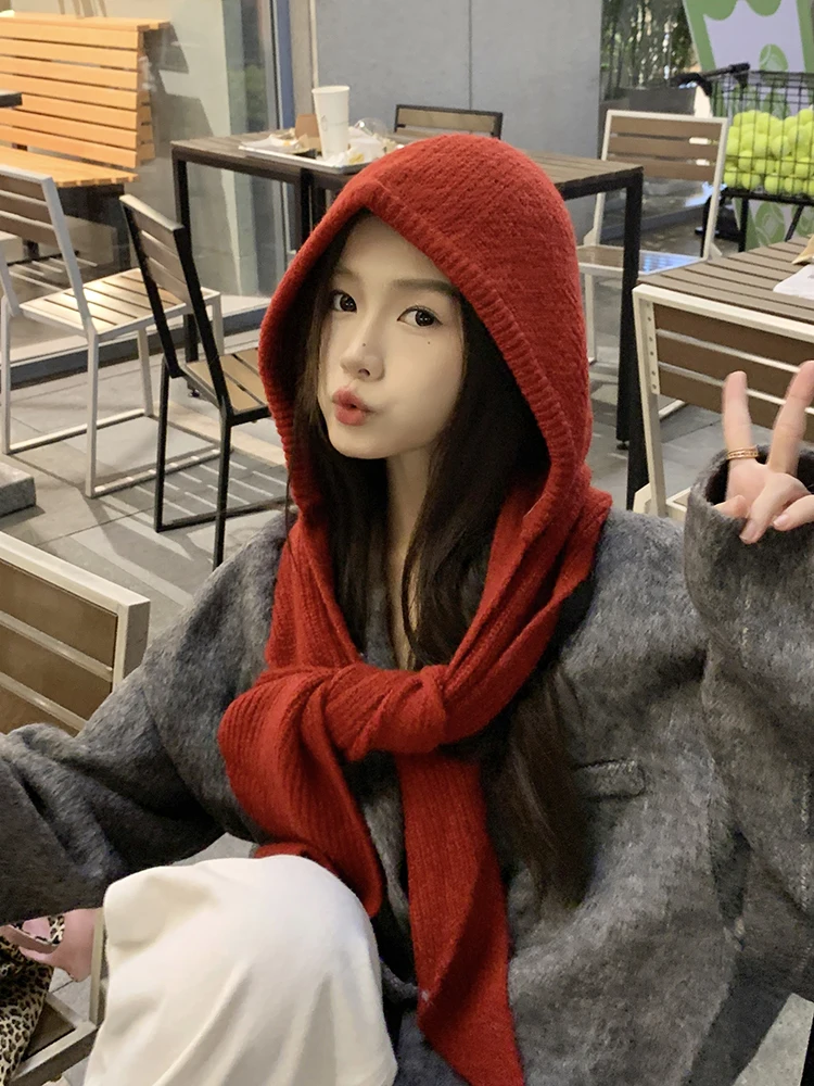 Little Red Riding Hood ~ Korean Sle Hat Scarf Integrated Thickened Warm Knitted Men's Woolen Cap Earmuff Lei Feng