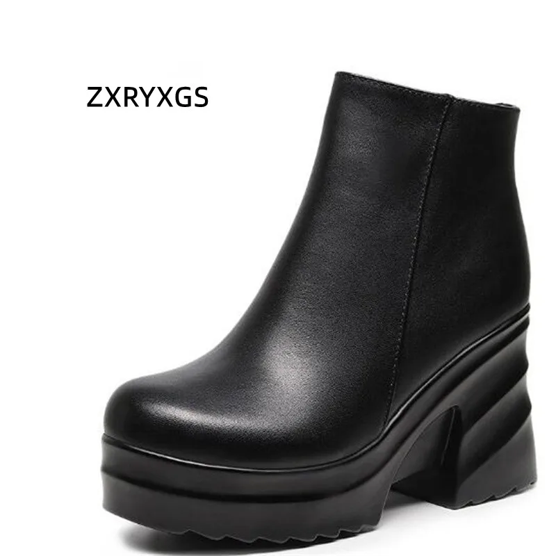 

ZXRYXGS высококачественные черные ботинки из натуральной воловьей кожи на высоком каблуке 2023 осенние зимние ботинки увеличенная обувь на платформе женские ботинки