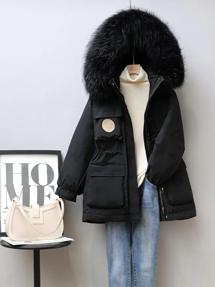 Women Long Down Jacket New Casual Style Raccoon Fur Collar White Duck Down Jackets Autumn Winter Warm Coats Female Outwear