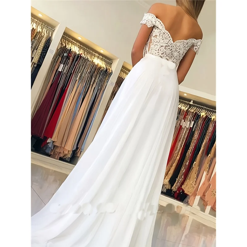 

Кружевное свадебное платье с открытыми плечами, элегантное платье макси с высокой талией и рюшами для свадебной вечеринки, женская одежда