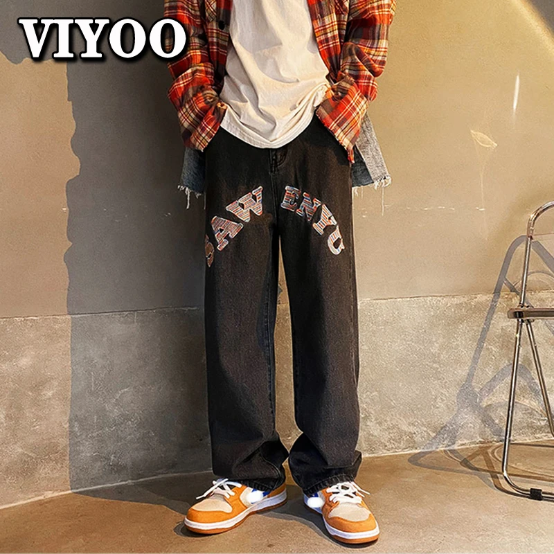 Men's Traf Embroidery Y2K Fashion Clothing Designer Streetwear Miod Waist Mopping Denim Trousers Pants Jeans For Men Teenagers