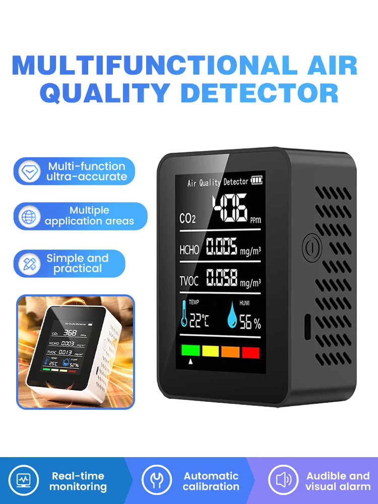 5-в-1 монитор качества воздуха детектор CO2 формальдегид HCHO TVOC тестер ЖК-дисплей