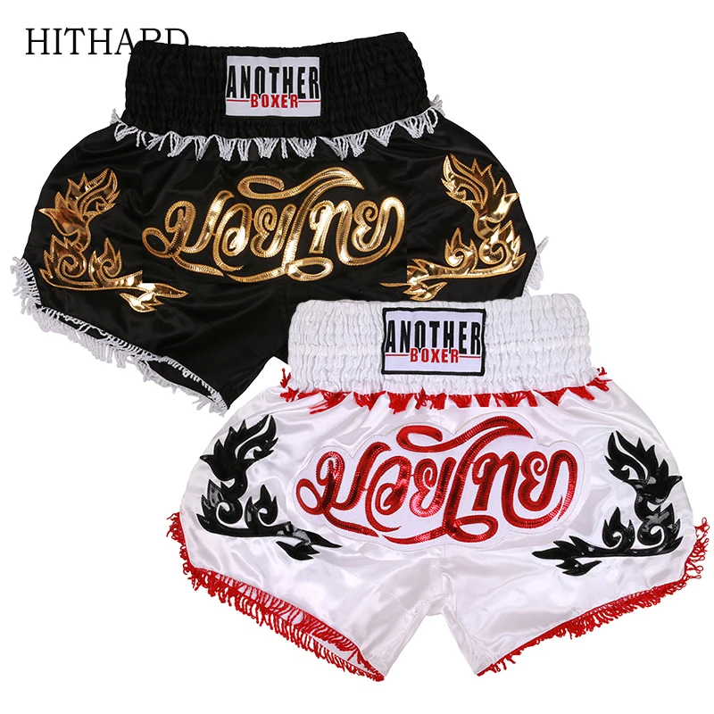 

Muay Thai Shorts Tassels Embroidery Kickboxing Pants for Men Women Kids Black White Combat Fighting Boxing Training MMA Shorts