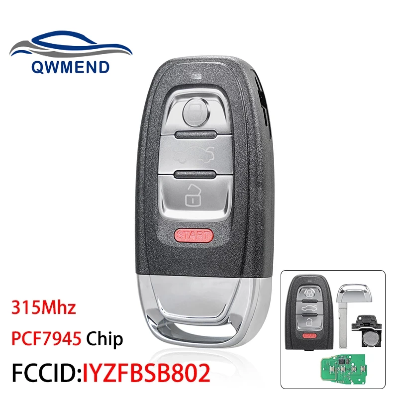 QWMEND дистанционный Автомобильный ключ для Audi A4 A5 Q5 S4 S5 2009 2010 2011 2012 AUDI Key 315 МГц PCF7945