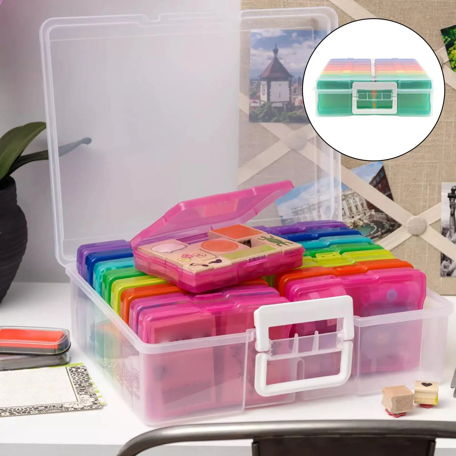 

1 Set Transparent Plastic Photo Storage Box Embellishment Craft Keeper with Handle Cards Containers Box for Scrapbook Photos