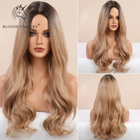 blonde unicorn synthetic long wavy hair wig dark brown root ombre blonde brown for women heat resistant fiber daily party hair