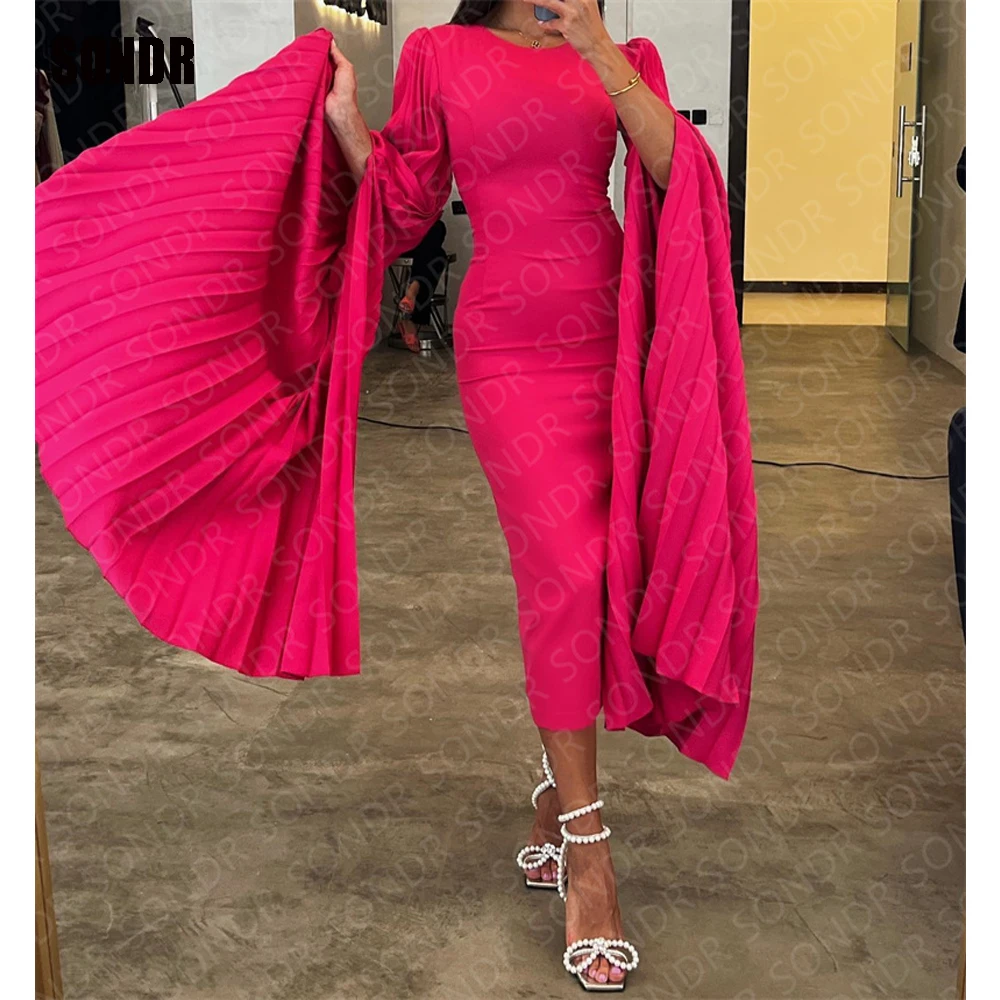 

SONDR Hot Pink Short Sheath Evening Dress Long Jacket Sleeves O Neck Prom Gowns Dresses Custom Made Dubai Formal Event Gown 2023