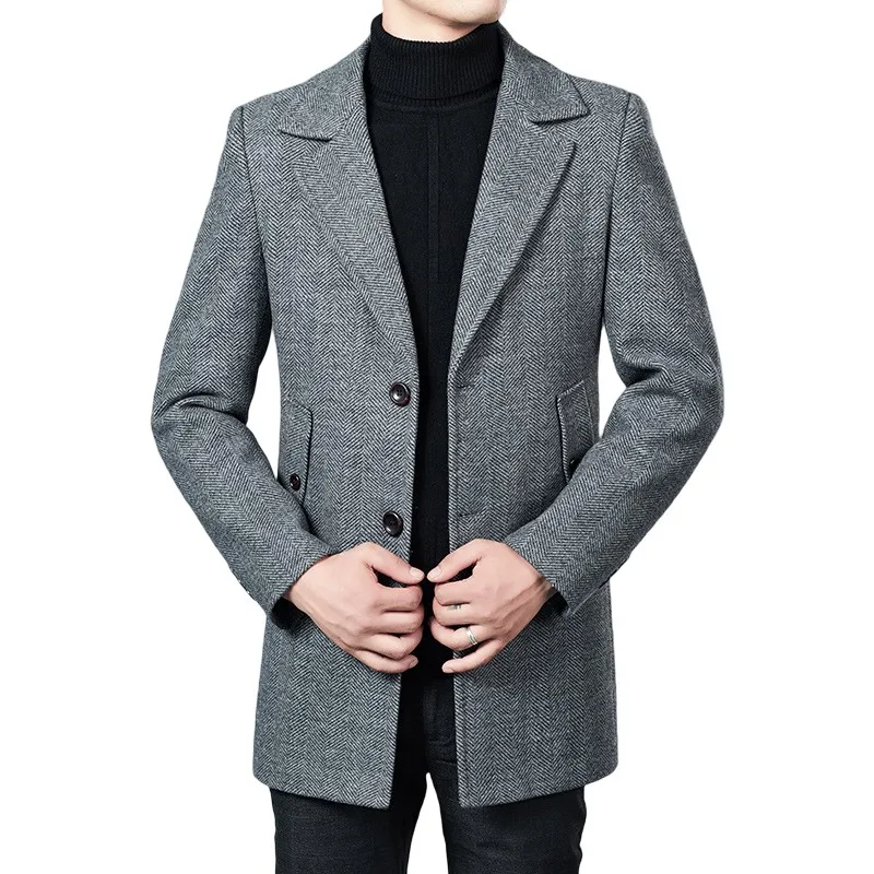 

Men's Woolen Overcoat, Autumn and Winter Leisure Business Medium Long Wool Coat, Men's Trend Slim and Thickened Trench Coat