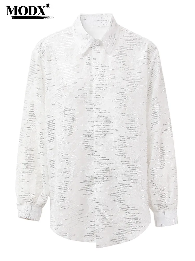 Женская Блестящая рубашка с длинным рукавом отложным воротником