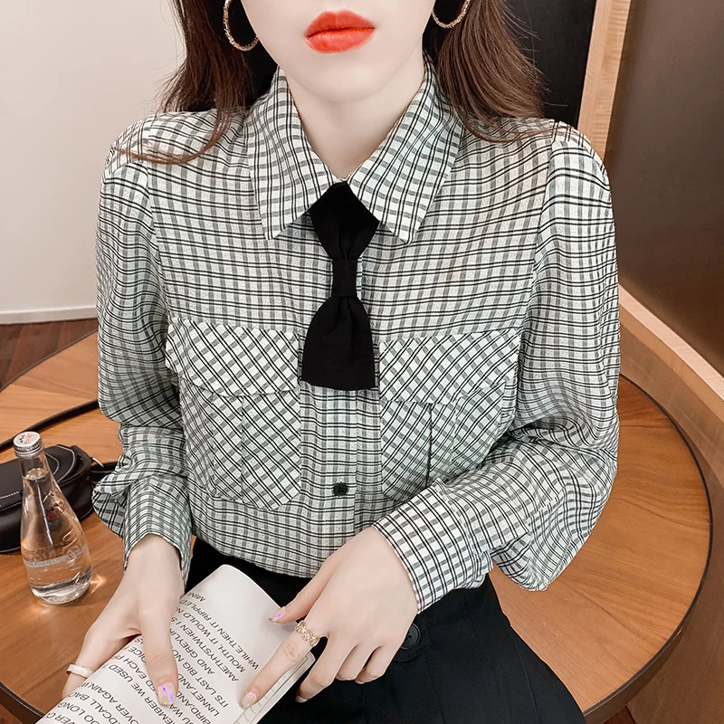 

Chiffon Loose Women's Shirt New Plaid Blouses Casual Long Sleeve Top Lattice Bow Polo Summer Clothing Lady Houthion